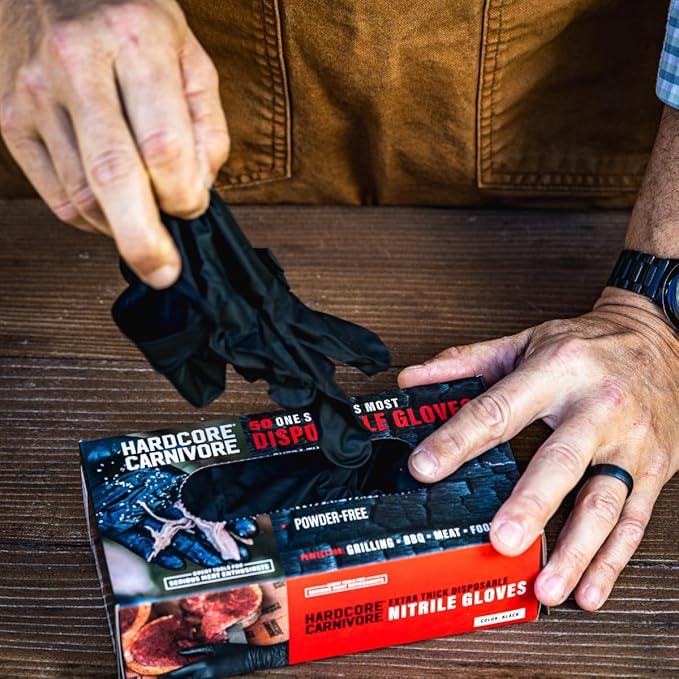 Hardcore Carnivore Disposable Nitrile Gloves (50 ct, 5 MIL) Extra Thick, Textured, Food Safe, Latex and Powder -Free, Black, Tear Resistant