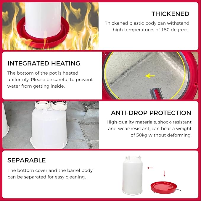 Heated Chicken Waterer for Winter, Heated Chicken Waterer 3L Thicken Plastic, Removable Water Heater with Leg Support & Handle, Poultry No Waste for Coop