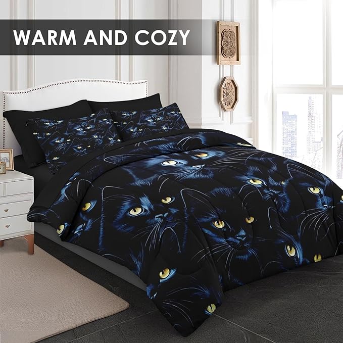 Comforter Set Queen Size, Cat Blue Magic 7 Pcs Bedding for Kids and Adults, Black Cute Bed Sheet Sets with Fitted Sheet 2 Pillowcases & 2 Shams for Bedroom Bed Decor
