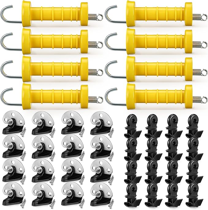 Tondiamo 8 Sets Electric Fence Gate Handle Set with Anchors and Insulators Including 8 Pcs Plastic Electric Fence Gate Handle with Spring, 16 Pieces Anchor Set, 16 Pieces Black Insulators