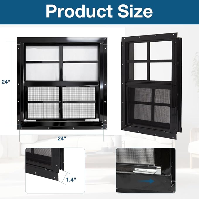 Yuzzy Shed Windows 2 Pack, Chicken Coop Windows 24" x 24" with Tempered Glass and Fiberglass Screen, Flush Mounted Small Window for Shed, Barns, Playhouse, Household, Garage (Black)