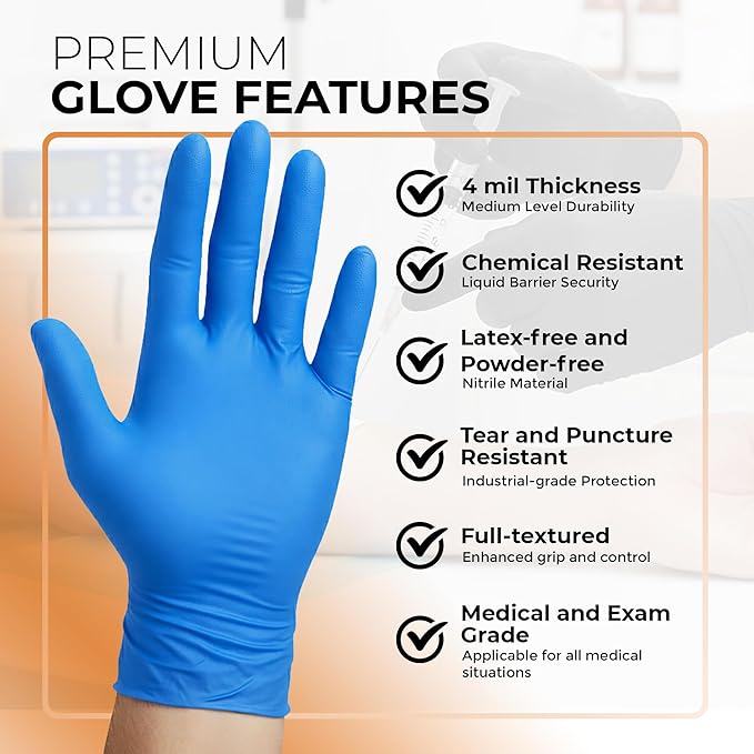 ASAP Blue Nitrile Gloves Disposable Latex Free - 4 Mil Powder Free, Food Safe, Kitchen & Medical - Cleaning & Tattoo Supplies