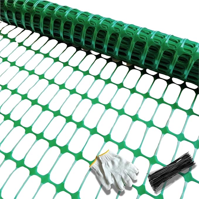 PotatoLife Plastic Mesh Fence, Extra Strength 40''x50' Roll with 50 Zip Ties, Resuable Temporary Netting for Garden Fencing, Snow Fencing, Animal Barrier, Poultry, Deer, Dog, Construction, Green