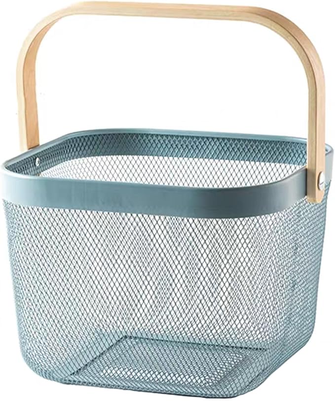 Metal Mesh Wire Basket, Small Steel Basket with Wooden Handle Storage Organizer Basket Multi-functional Hanging Kitchen Baskets Fruit Baskets for Kitchen Bathroom Cabinet Pantry Snacks, Blue
