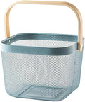 Metal Mesh Wire Basket, Small Steel Basket with Wooden Handle Storage Organizer Basket Multi-functional Hanging Kitchen Baskets Fruit Baskets for Kitchen Bathroom Cabinet Pantry Snacks, Blue
