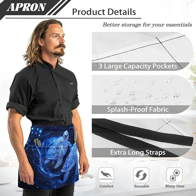 Waist Apron with 3 Pockets Waterproof 13 Inch Short Half Waist Aprons Women Men Server Aprons Waitress Waiter Apron