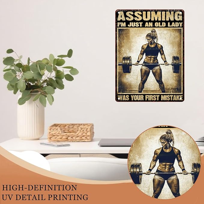 Metal Girl Gym Tin Sign Assuming I'm Just An Old Lady Was Your First Mistake Vintage Sign for Home Gym Motivational Fitness Workout Room Decor Inspirational 12X16Inch