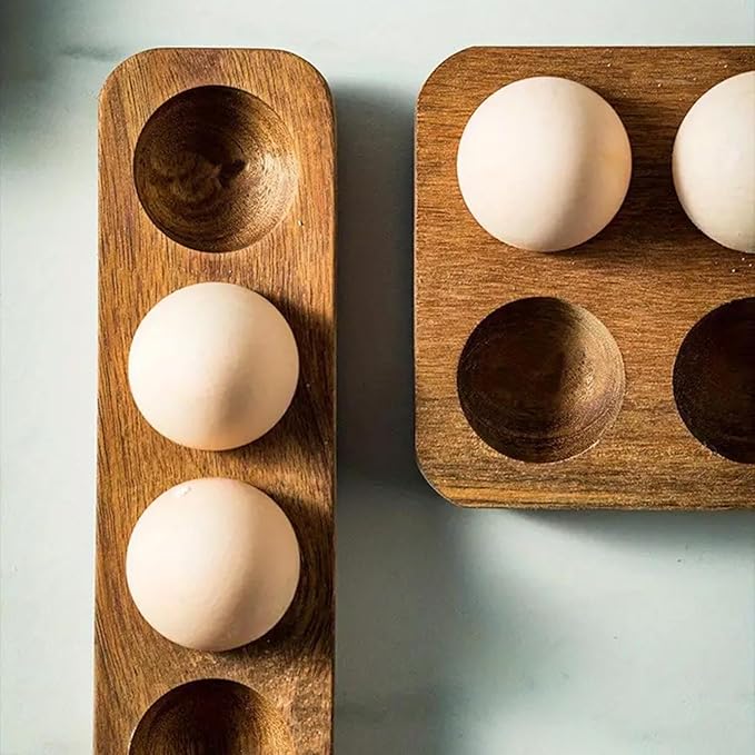 Solid Wood Egg Holder Countertop Wooden Egg Tray to Hold Fresh Eggs Rustic Egg Storage Rack Deviled Egg Plates for Countertop Display Kitchen Organization Refrigerator Storage (6 Eggs)