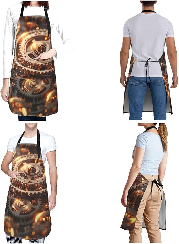 Kitchen Aprons for Men Women Waterproof Apron with 2 Pockets Cool Steampunk Gears Apron Adjustable Bib Aprons