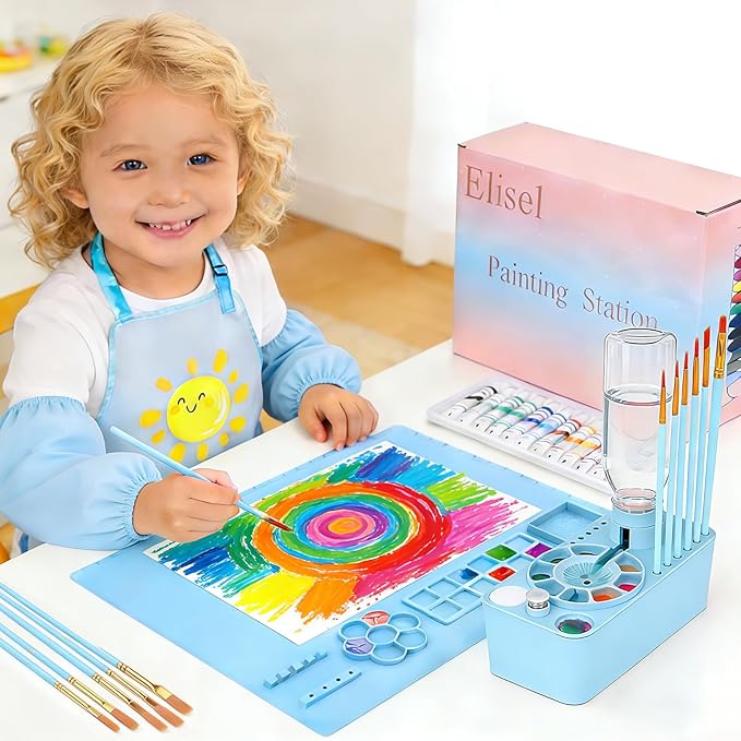 Elisel Painting Station,5 IN 1 Art Paint Supplies Kits,Paint Brush Cleaner (Upgraded),20"X16" Silicone Painting Mat 12 Colors Paint Set,10 Paint Brushes and Painting Apron for Kids Artist Beginners