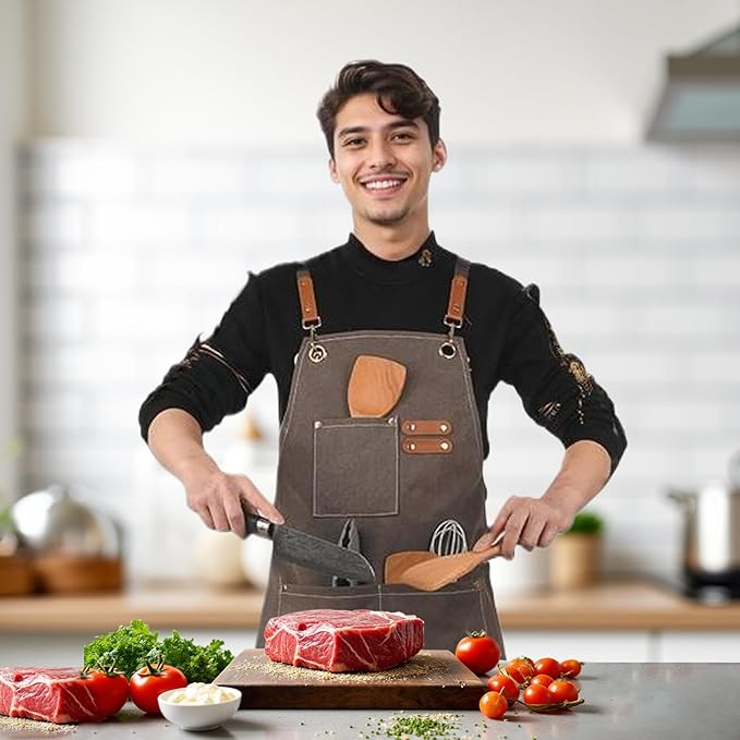 Adjustable Kitchen Apron Set With Pockets, Heavy Duty Cooking Apron for Men and Women, Black/Grey