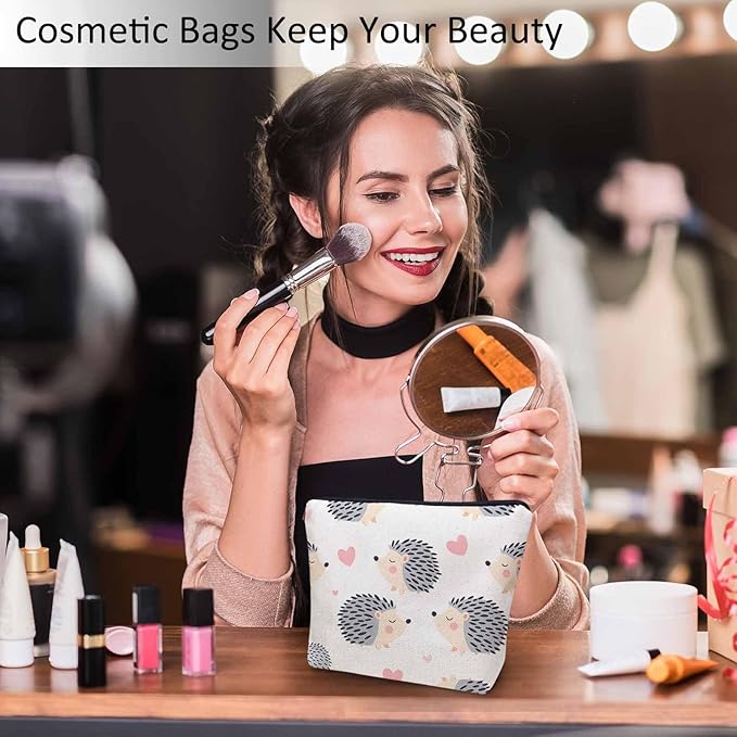 Hedgehog Makeup Organizer Bag Cosmetic Bag For Men Women, Cute Animal Hedgehogs Grey Travel Toiletry Bag Flax Makeup Bags Purse Business Makeup Pouch For Toiletries Cosmetics