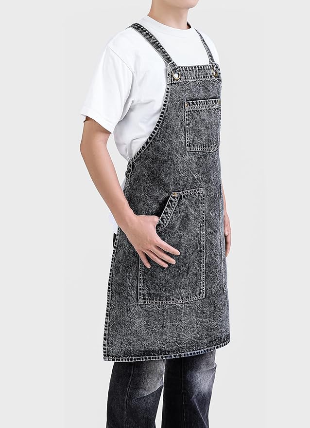 Cotton Denim Apron Soft - Unisex Adjustable Bib Apron with 5-Pockets Perfect for Kitchens