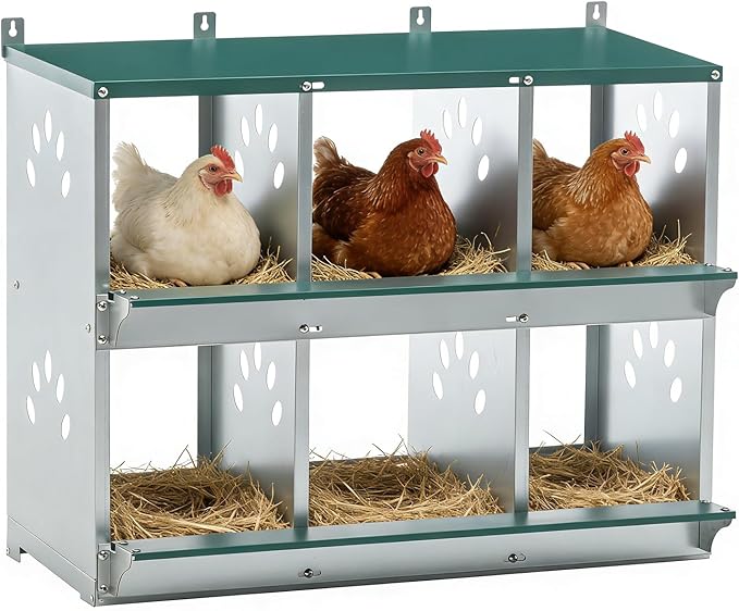 6 Compartment Metal Chicken Nesting Box, Roll Out Hen Laying Box for Easy Egg Collection, Wall Mount Poultry Nest Box for Backyard Chickens, Green, 32.09" L x 16.34" W x 26.38" H