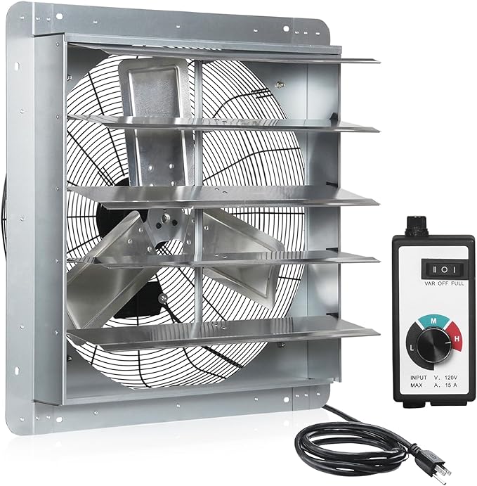 KEN BROWN 24 Inch Shutter Exhaust Fan with Speed Controller, 4200CFM High Speed, Wall Mounted Vent Fan for Garage, Attic, Greenhouse, Shed, Shop, Includes 1.65M Power Cord