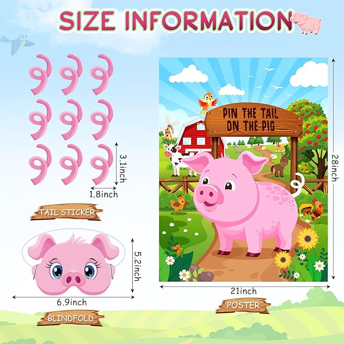 Faccito Farm Animal Games Pin The Tail on The Animals Barnyard Birthday Party Decorations Farm Poster Games with 24 Stickers 2 Eye Masks for Family Activities Birthday Party Decor Supplies(Pig)