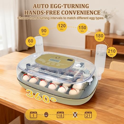 3rd Gen - 24 Egg Automatic Incubator, Stage-Based Adaptive Humidity with Auto-Refill, Stable Temp Control, Flexible Spacing, Adjustable Auto Turning & Lockdown, Custom Incubation Days, Candler, Alarm