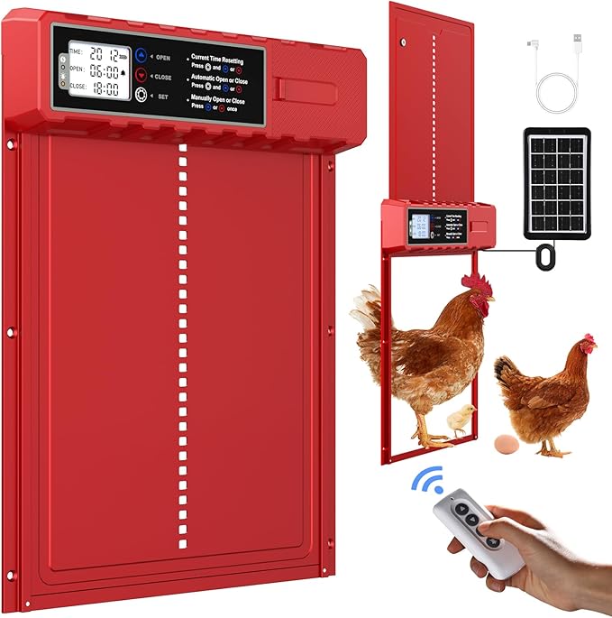 Automatic Chicken Coop Door Solar Powered with XL Large Size 10.8″x 14.2″ Red Auto Chicken Door Design with USB-C Charging & 3 Modes, Anti-Pinch & Aluminum Alloy Weather Proof