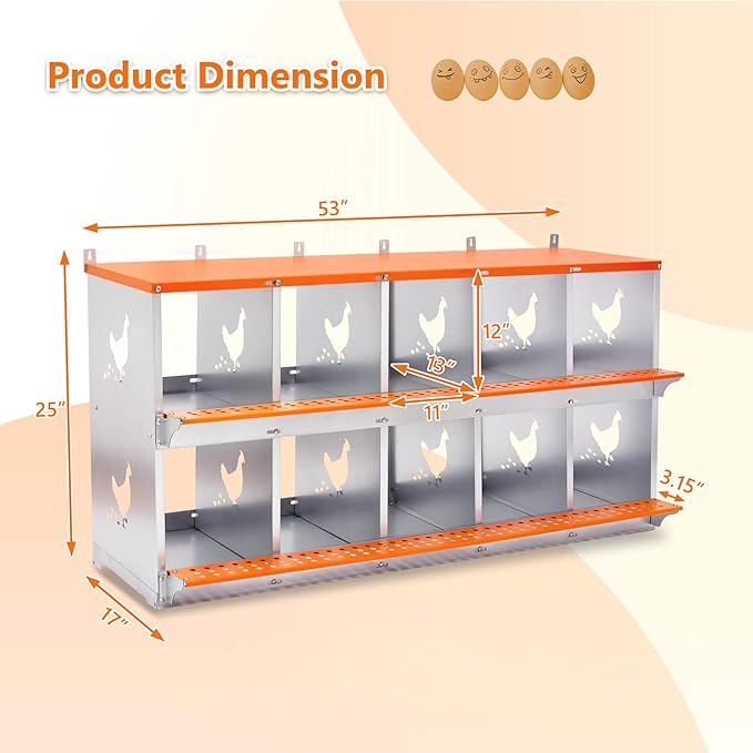 Chicken Nesting Boxes, 10 Rooms Hens Nest Box, Metal Poultry Nest Box Wall Mount for Chickens Egg Laying Box Collection Vented Holes Chicken Coop Cages Equipment, Orange (10 Rooms)