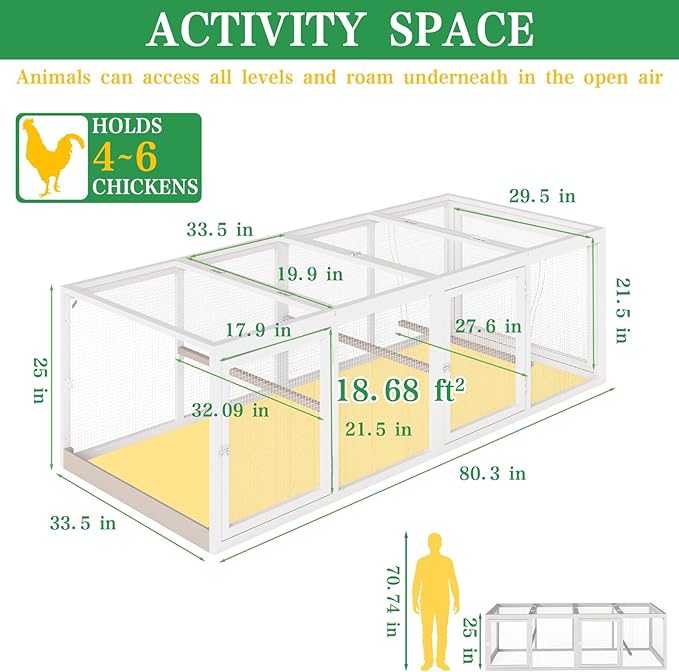 Chicken Coop Extension Run, Wooden Outdoor Chicken Run 18.68 ft²Large Expend Hen House Universal Chicken Run with Perches Perfect for 4-6 Chickens, Ducks & Small Animals (80.3" L x 33.5" W x 25" H)