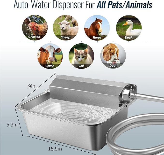 Automatic Chicken Water Dispenser Large 304 Stainless Steel Duck Waterer Outdoor Heavy-Duty Self Refilling Watering System with Installation Accessories Cleaning Brush