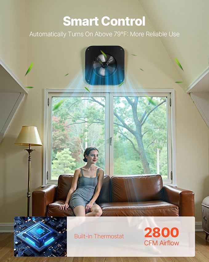 VEVOR 42W Solar Attic Fan, 2800 CFM Smart Roof Vent Built-in Temperature Sensors with Remote Control, Low-Noise & Weatherproof for Attic, Garage, RV Ventilation