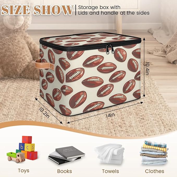 Storage Cubes with Lid Fabric Storage Bins Boxes PU Leather Handles, Sports Rugby Closet Organizer Container Foldable Washable Shelf Cloth Basket, Rugby Balls