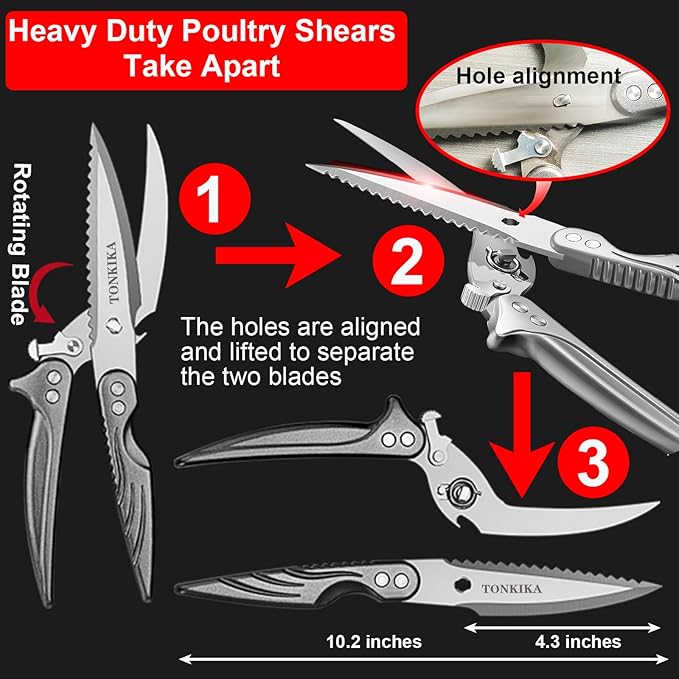 Heavy Duty Stainless Steel Kitchen Scissors that Come Apart, Poultry Shears Heavy Duty Professional, Spring-Loaded Kitchen Shears All Purpose for Food,Chicken, Fish,turkeys,10.2-Inch,Gray