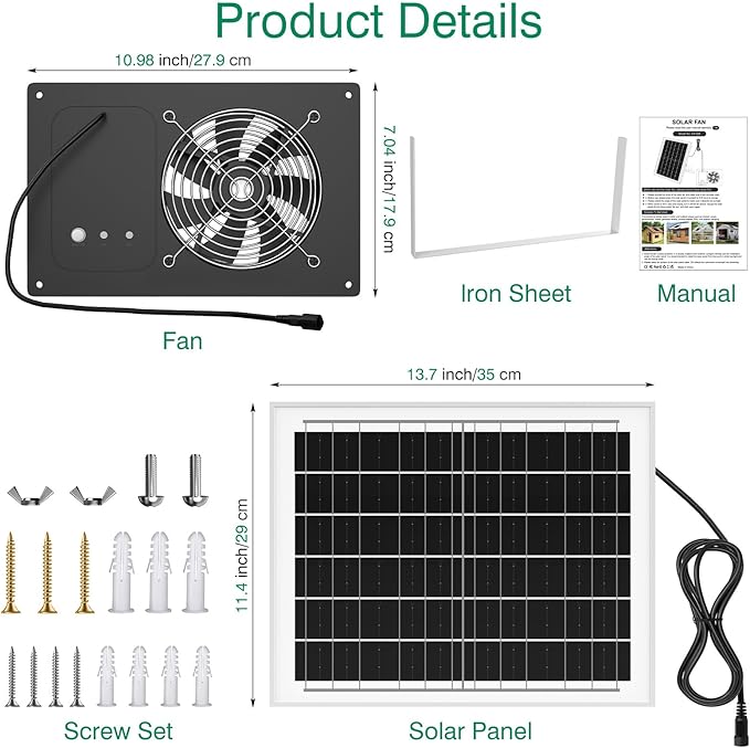 Solar Powered Fan with Timer & 15000mAh Battery, 25W Efficient Solar Exhaust Intake Fan, 3500 RPM High-Speed Waterproof Ventilation Fans for Chicken Coops, Greenhouses, Pet Houses, Sheds & Windows