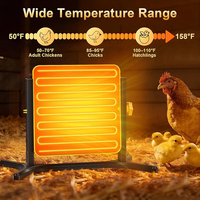 Brooder Plate for Chicks, 50–158℉ Chick Heat Plate with Smart Thermostat, UL Certified Radiant Heating Panel Brooder Heater, 5 Adjustable Heights & 360° Angle for Poultry Brooding & Chicken Coop Use