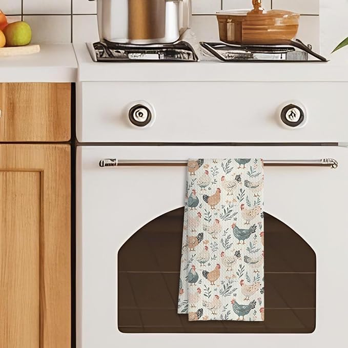 Farmhouse Chicken Kitchen Towels, Chicken Lover Mom Lady Gifts Decorative Dish Tea Towels for Kitchen, Cottagecore Farm Animal Hens Hand Towels for Bathroom, 16x24 Inches