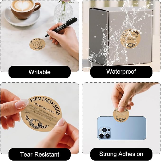 500 PCS Fram Fresh Eggs Carton Labels with Collection Date 2 Inches Natural Brown Kraft Stickers Self Adhesive Writable Handling Packaging Sticker for Chicken Quail Duck Farmhouse