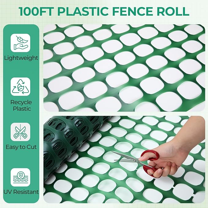 Ohuhu Plastic Garden Fence Roll, 4'x100'/10.7LB Reusable Netting Plastic Safety Fence Roll, Temporary Pool Fencing Snow Fence, Construction Fencing Poultry Fence for Deer Rabbits Chicken Dogs