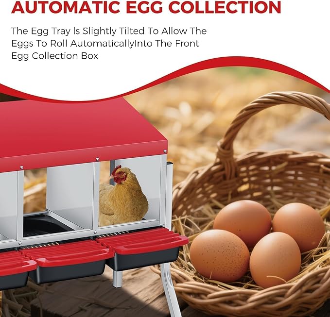 Chicken Nesting Boxes, Metal Rollaway Chicken Nest Box with Rollout Egg Collection, Removable Tray & Nesting Pads, Egg Laying Box for Chicken Coop Hens, Wall Mount or Standing, 3 Compartments, Red