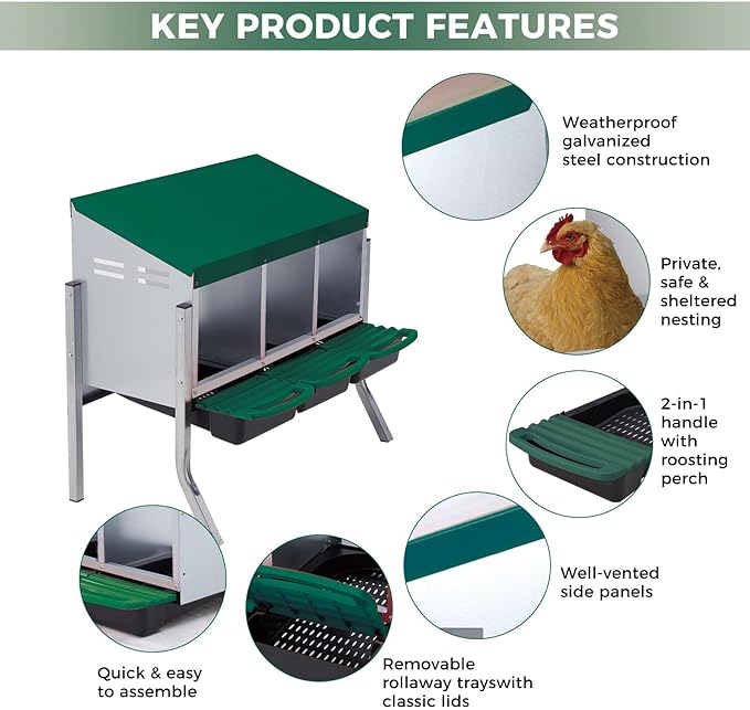 3-Hole Chicken Nesting Boxes for Farm,Corrosion-Resistant Metal Nesting Boxes with Egg Collection Tray,Wall Mount/Freestanding Poultry Laying Boxes for Chicken Coops and Hens,Green