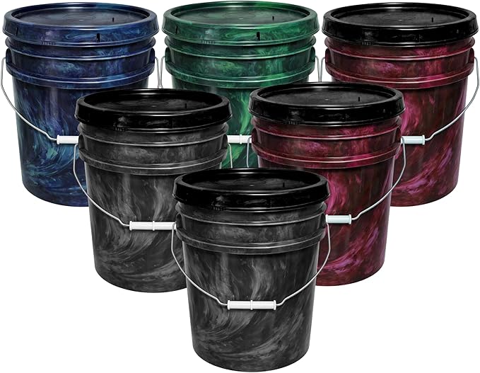 5-Gallon Bucket with Airtight Lid – Made in USA, Food Grade BPA Free Plastic, Heavy Duty Multi-Use, Metal Handle with Grip, Stackable Storage – Mystery Swirl, 6 Pack