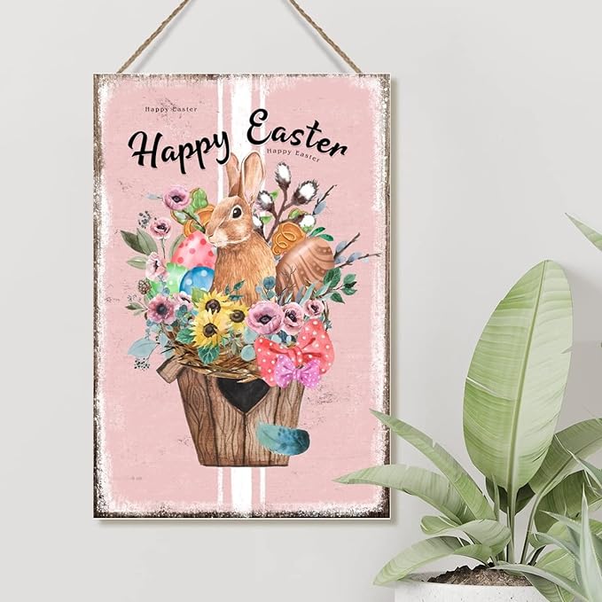 Happy Easter Flower Basket Bunny Wood Art Plaque French Style Floral Pink Stripes Sign Plaque Easter Eggs Farmhouse Bunny Wood Signs for Bedroom Kitchen Front Porch 8x12in