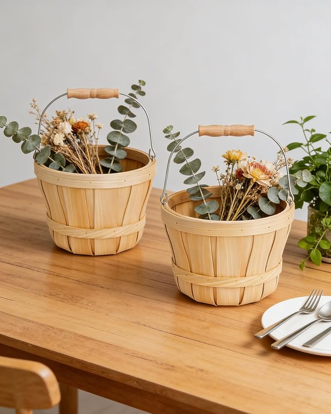 ZILAMGOO 2-Pack Apple Baskets Wooden Bushel Style – Handwoven Round Wood Fruit Baskets with Metal Handle – Rustic Farmhouse Bucket for Produce, Harvest, Holiday Display & Gifting