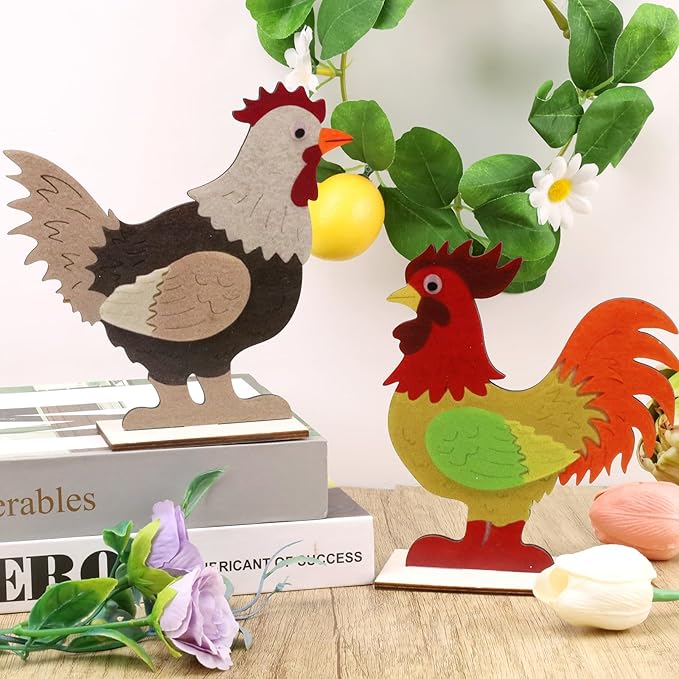 2pcs Easter Chicken Decoration for Home Farmhouse Rooster Decor Chicken Party Decoration Wooden Sign Wood Cutout Ornament Hen Craft Table Kitchen Garden Tiered Tray