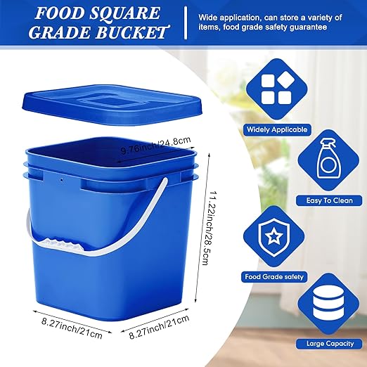 Mumufy 5 Pcs 3.5 Gallon Square Food Grade Bucket with Lid Square Bucket Pail Plastic Handles for Long Term Food Storage, Camping, Fishing, Home Organization Easy Stack and Store (Blue)