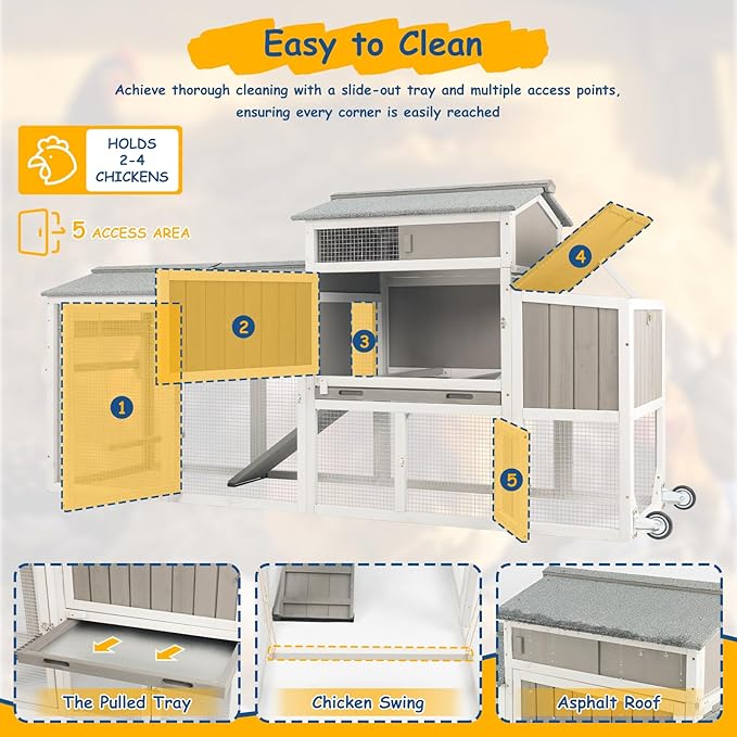 Wooden Chicken Coop with Wheels – Large Movable Outdoor Hen House with Waterproof Asphalt Roof, Nesting Box & Easy-Clean Tray Spacious Backyard Poultry Tractor (Grey, 77.4"L x 23.2"W x 39.2"H)