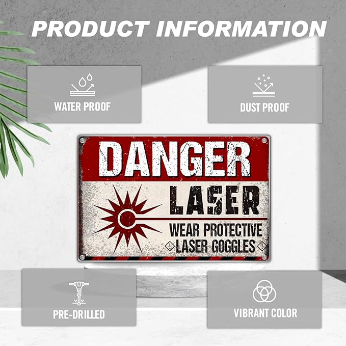 Danger Laser Wear Goggles Metal Sign Vintage Retro Wall Decor Warning Safety Notice For Workplace Lab Industrial Area 12 x 8 Inch Aluminum Indoor Outdoor Art