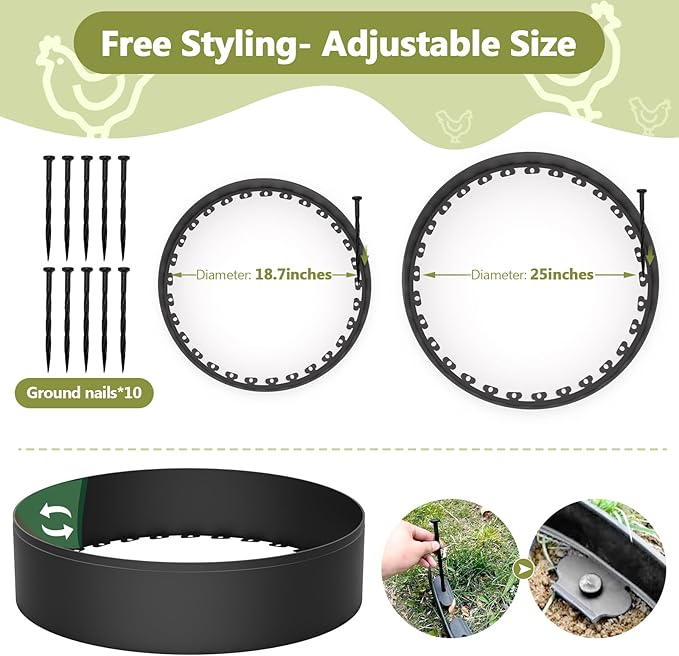 Chicken Dust Bath Tub, Round Chicken Lime Grit Container, 25in X 5.9in Ajustable Size with 10PCS Nails, Bottomless Design for Chickens Ducks Turkeys Outdoor Use, Chicken Coop Accessories