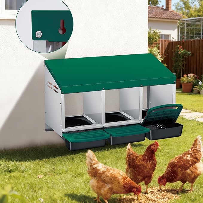3-Hole Chicken Nesting Box, Roll Away Nest with Removable Tray, Easy Egg Collection & Cleaning, Wall-Mount Nesting Boxes for Hens, Chicken Coop - Green