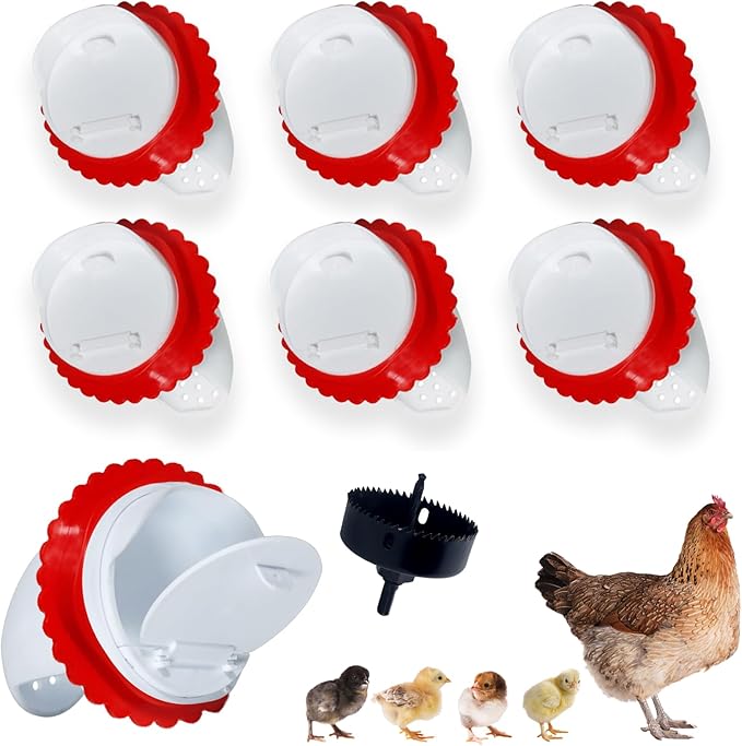 Chicken Feeders No Waste, Rain-Proof Rodent Proof Automatic Chicken Feeder Port kit, Gravity Feeder with Lid has 6 Ports -1 Hole Saw Suitable for Buckets, Barrels, Bins, Troughs (White-6pcs)