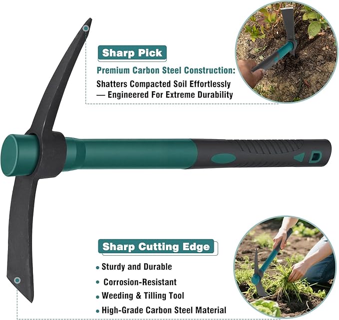 2pcs Gardening Picks with 1pcs Handle Multi-Functional Garden Hoe Pick Axes for Digging