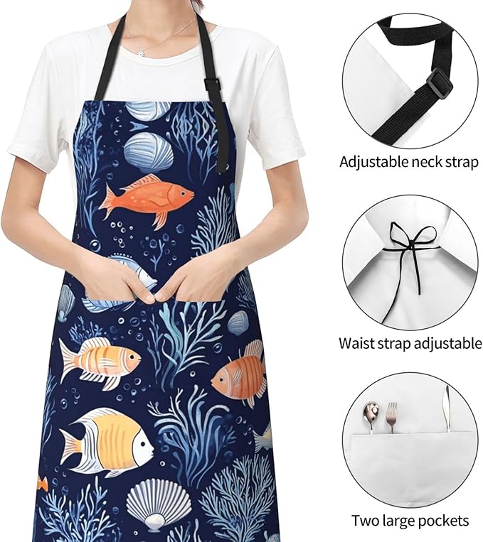 Kitchen Aprons for Men Women Waterproof Apron with 2 Pockets Whale Tail Apron Adjustable Bib Aprons