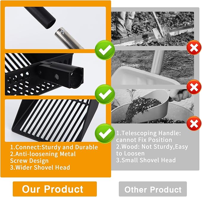 Owfeel Chicken Poop Scooper, 20 to 40.6" Long Chicken Coop Cleaning Tools with Stainless Steel Handle, 3 in 1 Multifunctional Stretchable Heavy-Duty Litter Sifting Shovel Chicken Coop Accessories