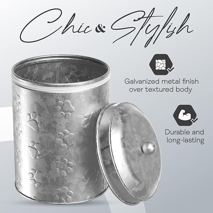 Amici Pet Puppy Paws Small Galvanized Metal Food Canister, 64 Oz Airtight Storage with Handle Lid, Embossed Paw Design for Pet Treats, Snacks, or Kibble - 8" H x 5.5" L, BPA Free