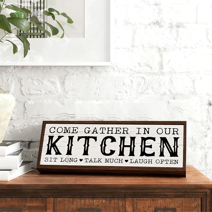 Kitchen Wood Sign, Come Gather In Our Kitchen, Rustic Framed Hanging Sign, Wall Decor Art, Modern Farmhouse Home Decor, Modern Kitchens Decoration 9.5x3.1x1 inches